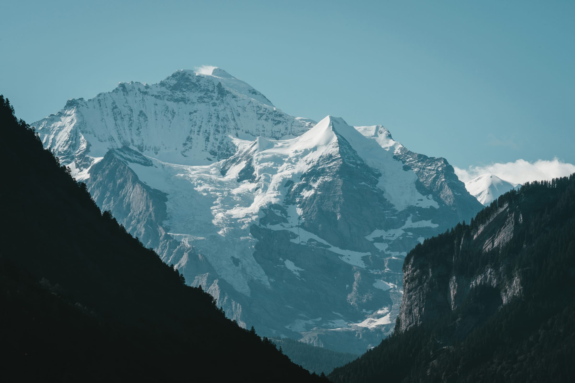 Snow-capped alpine peaks rising above green meadows in the Jungfrau region of Switzerland