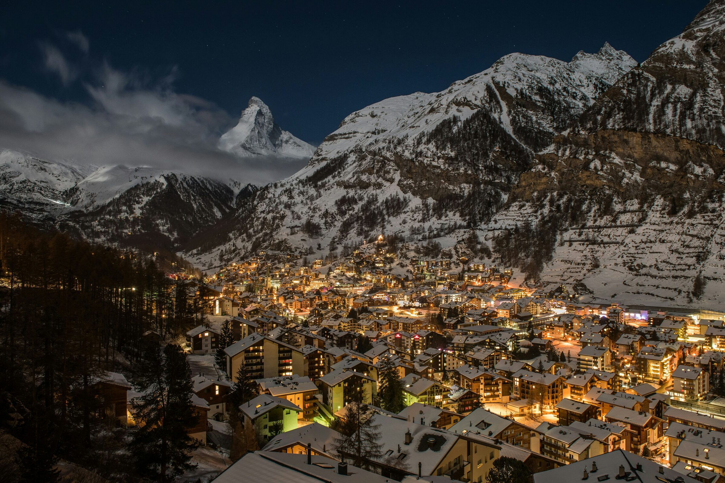 The pyramid peak of the Matterhorn above the alpine village of Zermatt, Switzerland